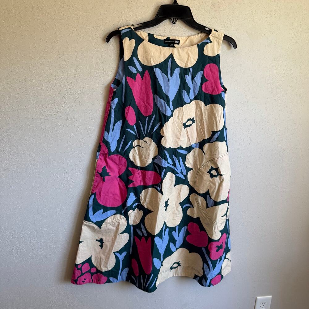 Uniqlo x Marimekko Sleeveless Green Pink Cream Floral A-Line Dress Womens XXS
